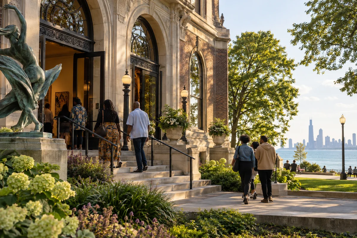 Illustrative lakefront cultural venue welcoming neighborhood visitors