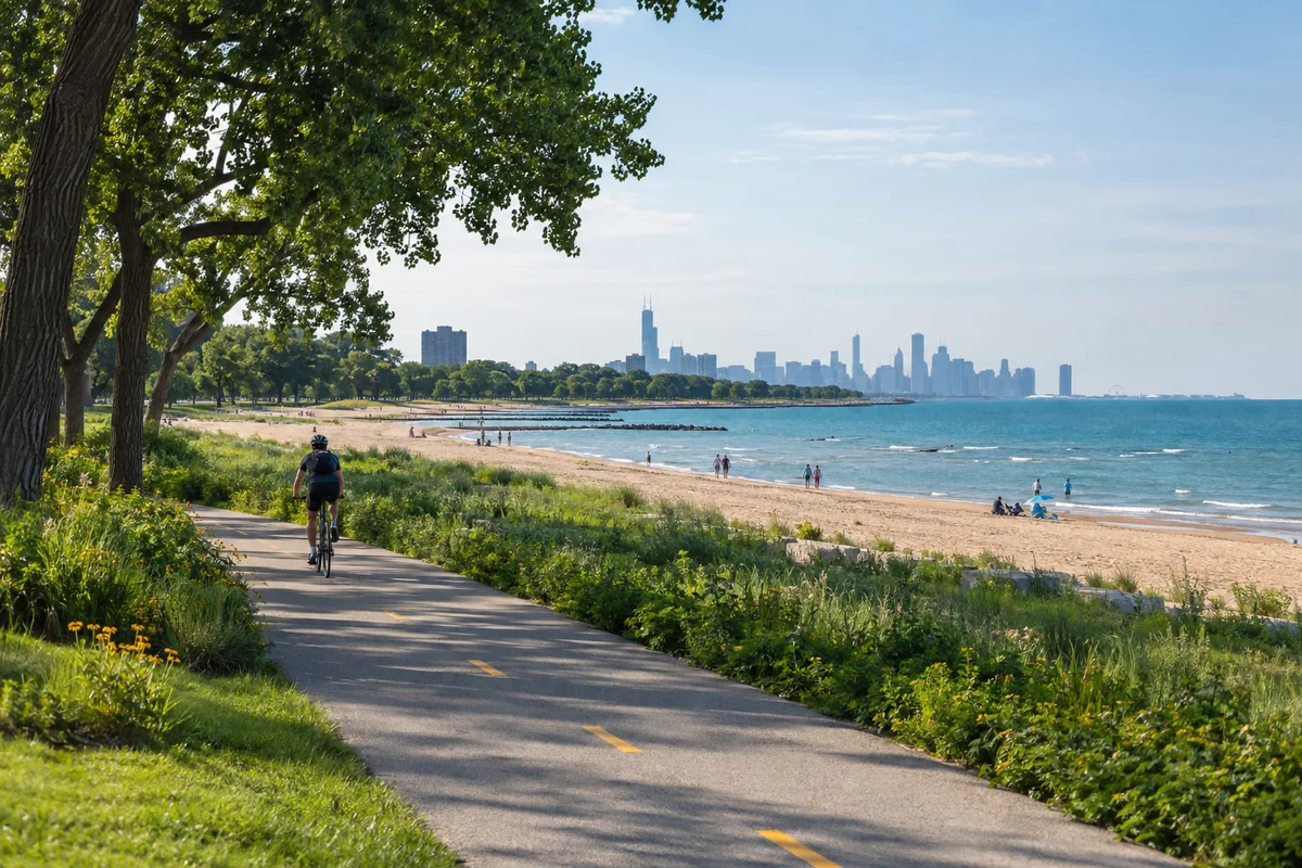 Illustrative South Side lakefront trail, beach, greenery, and cyclist