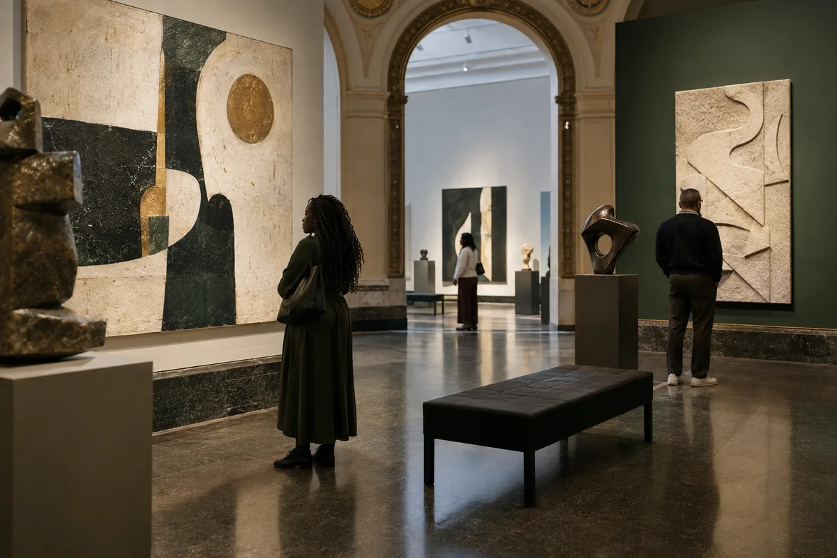 Illustrative museum gallery with visitors viewing contemporary art